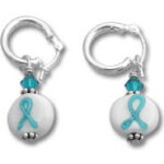 Silver hoop earrings with teal ribbon beads