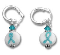 Silver hoop earrings with teal ribbon beads