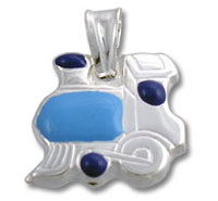 Silver pendant with light blue enamel and dark stones