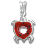 Silver turtle pendant with red heart center