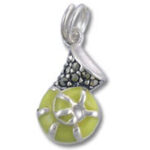 Green glass wheel pendant with silver bail