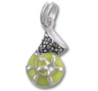 Green glass wheel pendant with silver bail