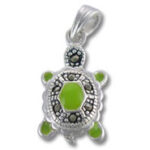 Silver marcasite turtle pendant with green enamel