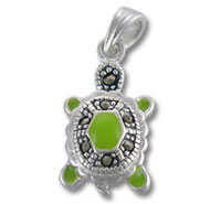 Silver marcasite turtle pendant with green enamel