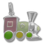 Silver train pendant with green and yellow accents