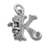Silver initial K charm with cherub