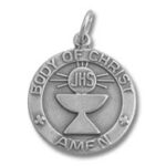 Silver Eucharist medal showing chalice and host