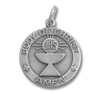 Silver Eucharist medal showing chalice and host