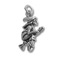 Silver witch on broomstick charm