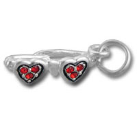 Silver double heart charm with red gems