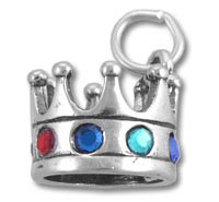 Silver crown charm with red, blue, green gems