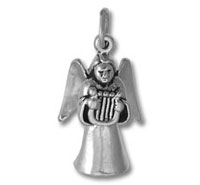 Silver angel pendant charm holding harp