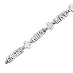 silver bracelet with word and cross links