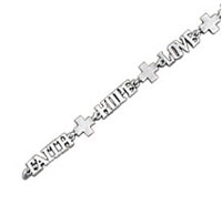 silver bracelet with word and cross links
