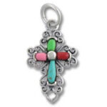Silver ornate cross pendant with colorful stone inlays