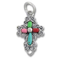 Silver ornate cross pendant with colorful stone inlays