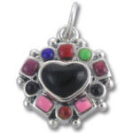 Silver pendant with black heart and colorful stones