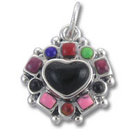Silver pendant with black heart and colorful stones