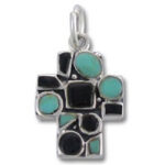 Silver cross pendant with turquoise and black stones