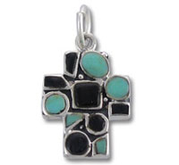 Silver cross pendant with turquoise and black stones