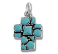 Silver cross pendant with turquoise gemstones