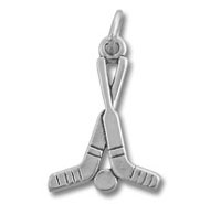 Silver crossed hockey sticks and puck pendant