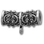 ornate silver cylindrical bead with dangling loop
