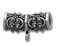 ornate silver cylindrical bead with dangling loop