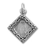 Silver diamond-shaped pendant with filigree border