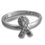 Silver ring with bejeweled awareness ribbon