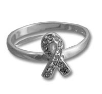 Silver ring with bejeweled awareness ribbon