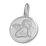 Round silver pendant with resting cherub