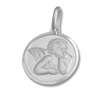 Round silver pendant with resting cherub