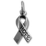 Silver awareness ribbon pendant engraved with hope