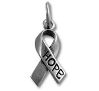 Silver awareness ribbon pendant engraved with hope