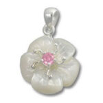 Mother-of-pearl flower pendant with pink gemstone