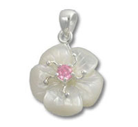 Mother-of-pearl flower pendant with pink gemstone