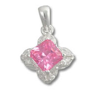 Silver pendant with pink gemstone and diamonds