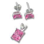 Pink princess-cut gemstone pendant and stud earrings
