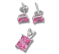 Pink princess-cut gemstone pendant and stud earrings