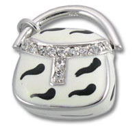 White zebra-print handbag charm with rhinestones
