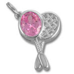Silver crossed tennis racket pendant with pink gem