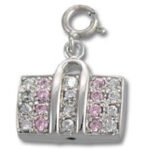 Silver purse charm with pink and clear rhinestones