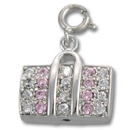 Silver purse charm with pink and clear rhinestones