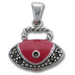 red enamel crescent pendant with marcasite accents