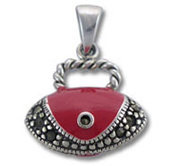 red enamel crescent pendant with marcasite accents
