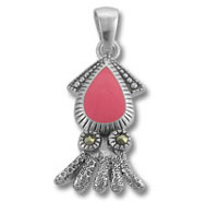 Ornate silver pendant with pink teardrop stone
