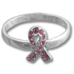Silver ring with pink rhinestone awareness ribbon
