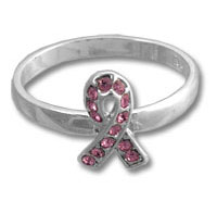 Silver ring with pink rhinestone awareness ribbon