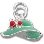 Green enamel hat charm with red flowers